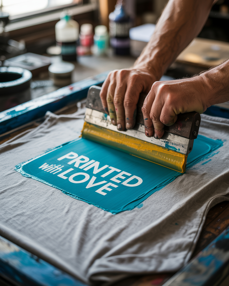 Eine Person druckt den Schriftzug PRINTED with LOVE in weißer Farbe auf ein graues T-Shirt mit blaugrüner Tinte und einem Rakel.