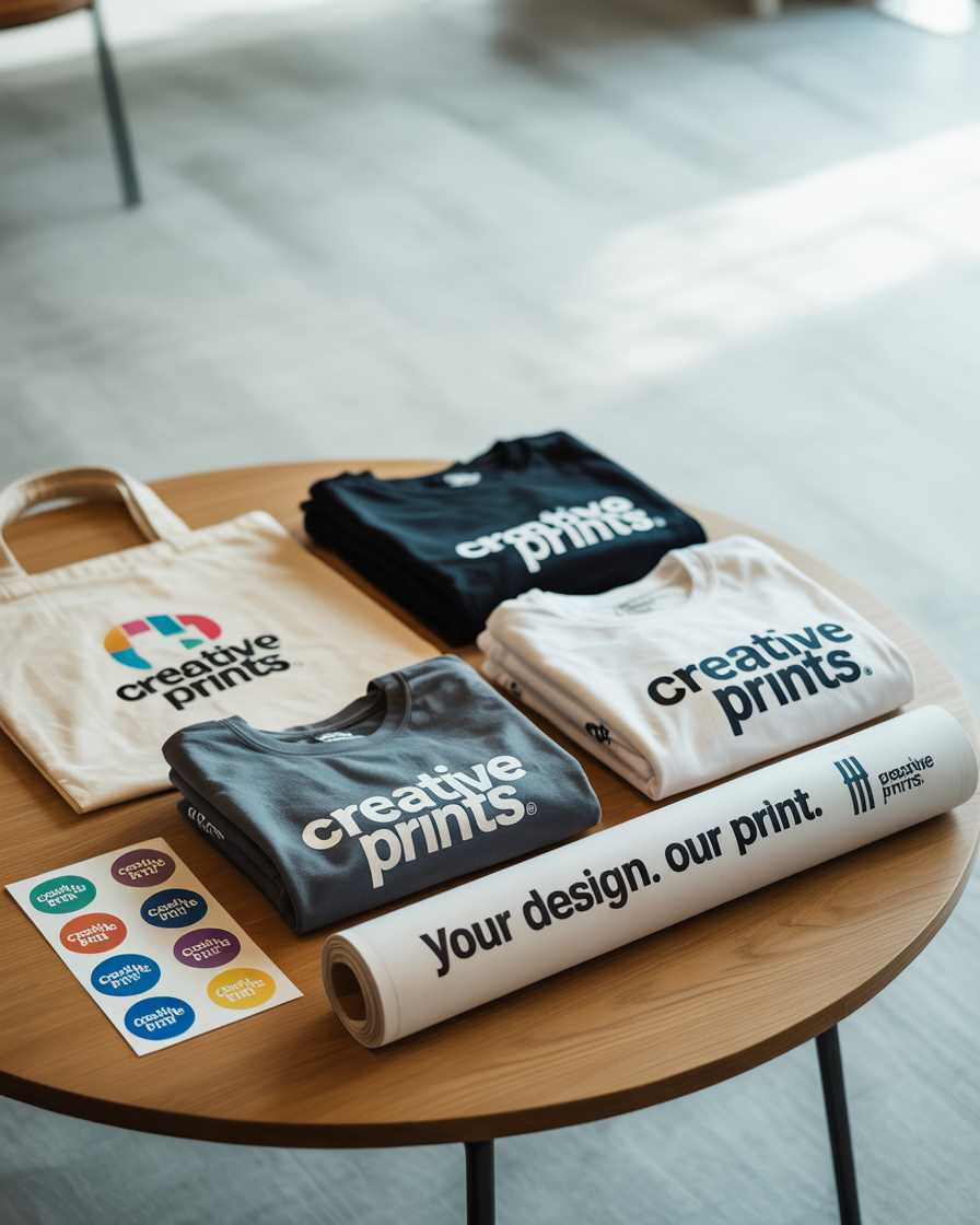 Auf einem runden Tisch werden Tragetaschen, T-Shirts, Aufkleber und ein Druckbanner mit kreativen Drucken und bunten Logos ausgestellt.