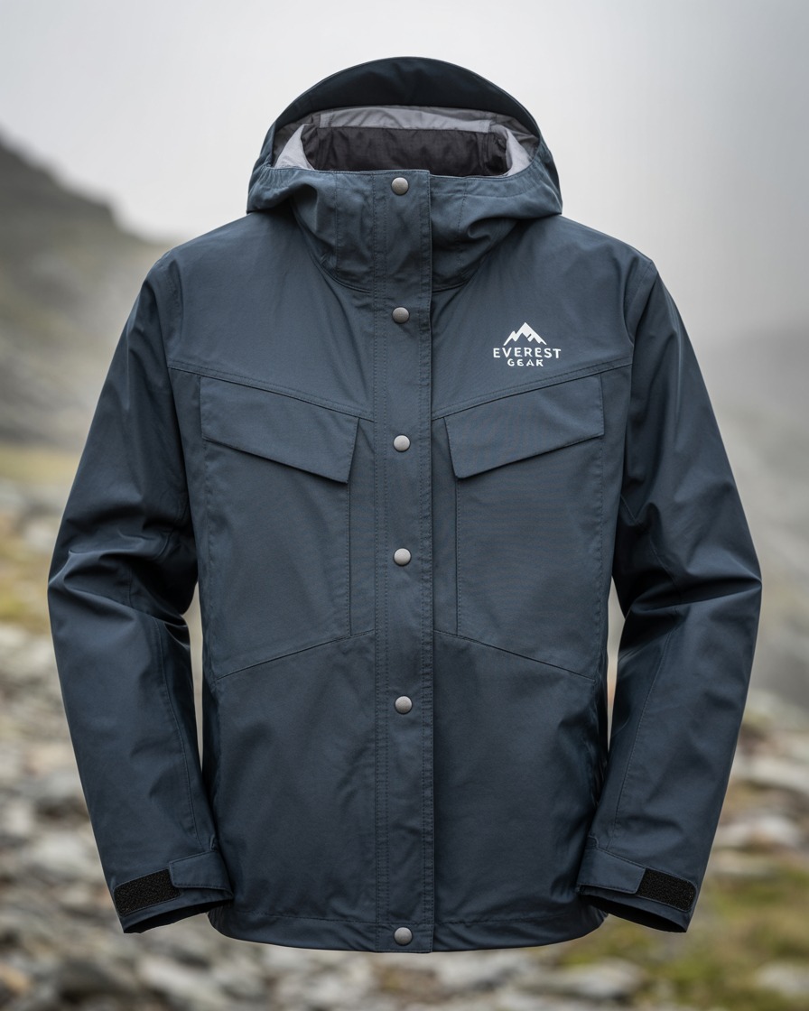 Eine dunkelgraue Outdoor-Jacke mit Kapuze, Druckknöpfen vorne, Brust- und Seitentaschen und Everest Gear-Logo von Textilpartner vor einem unscharfen felsigen Outdoor-Hintergrund.